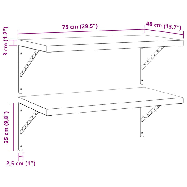 Seinähyllyt 2 kpl 75x40 cm hopea ruostumaton teräs