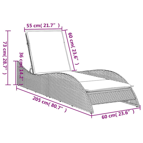 Aurinkotuoli tyynyllä musta 60x205x73 cm polyrottinki
