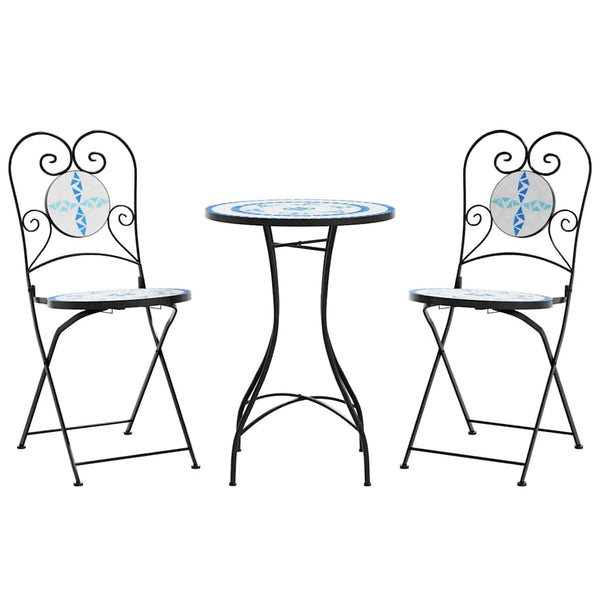 Sinivalkoinen mosaiikkibistropöytäsarja Luceana (rauta ja keramiikka)