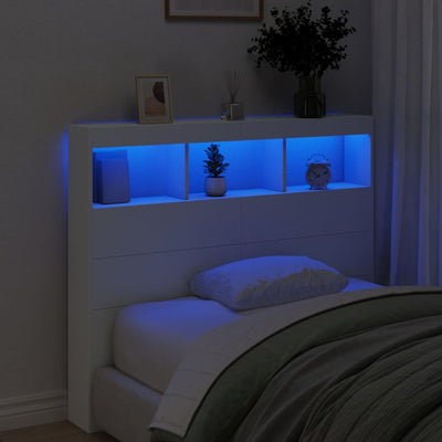 Sängynpäätykaappi LED-valoilla valkoinen 120x17x102 cm