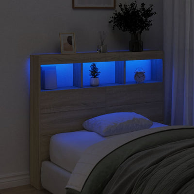 Sängynpäätykaappi LED-valoilla Sonoma-tammi 120x17x102 cm