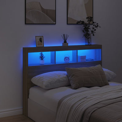Sängynpäätykaappi LED-valoilla Sonoma-tammi 140x17x102 cm