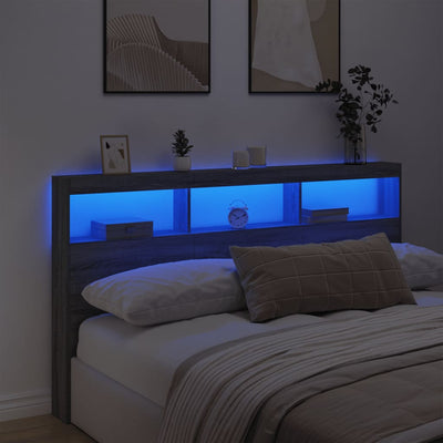 Sängynpäätykaappi LED-valoilla harmaa Sonoma 180x17x102 cm