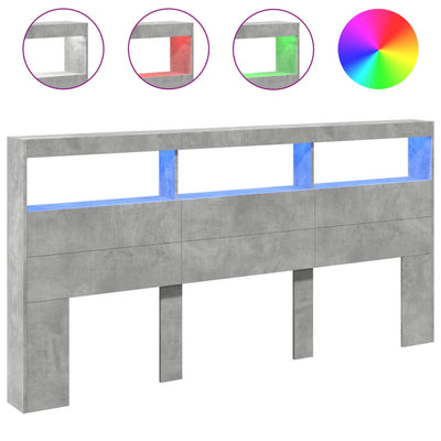 Sängynpäätykaappi LED-valoilla betoninharmaa 200x17x102 cm