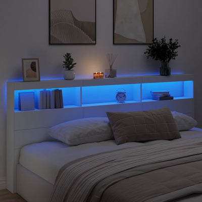 Sängynpäätykaappi LED-valoilla valkoinen 220x17x102 cm