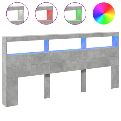 Sängynpäätykaappi LED-valoilla betoninharmaa 220x17x102 cm