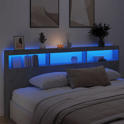 Sängynpäätykaappi LED-valoilla betoninharmaa 220x17x102 cm