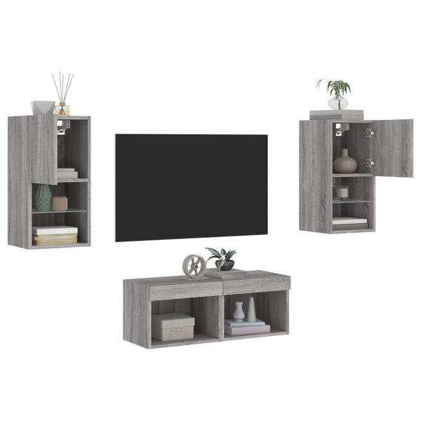4-osainen TV-seinäkaappisarja LED-valoilla harmaa Sonoma