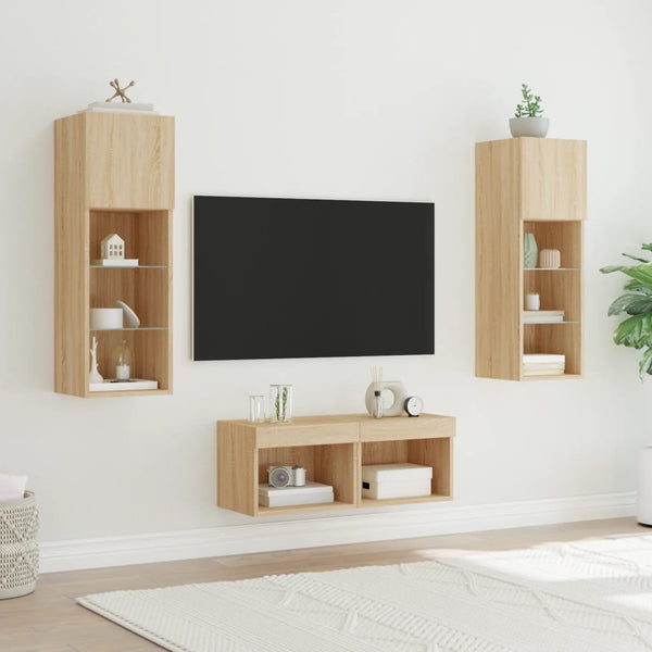 4-osainen TV-seinäkaappisarja LED-valoilla Sonoma-tammi