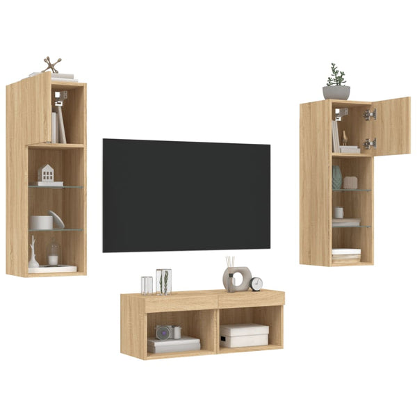 4-osainen TV-seinäkaappisarja LED-valoilla Sonoma-tammi