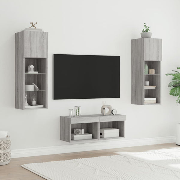 4-osainen TV-seinäkaappisarja LED-valoilla harmaa Sonoma