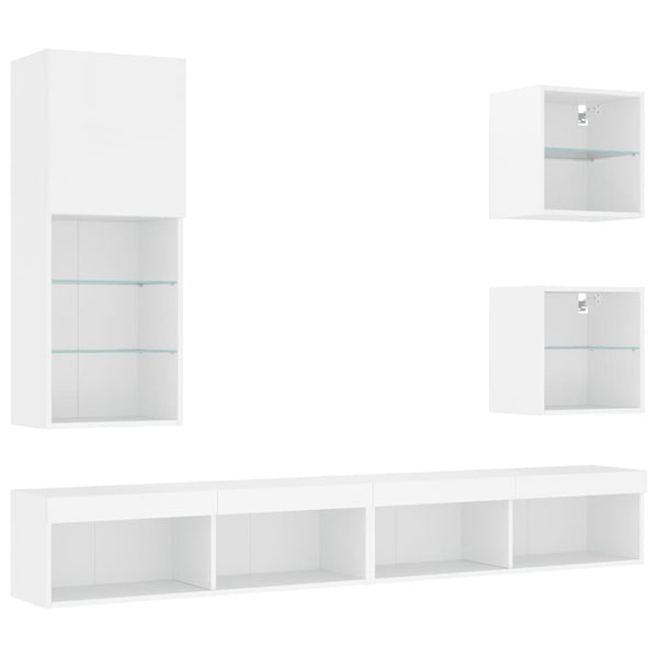 Tekninen puu, valkoinen 5-osainen LED TV-kaappisarja
