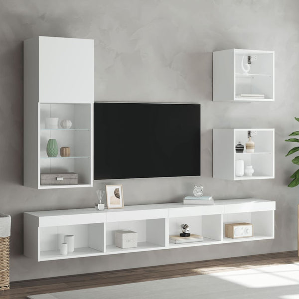 Tekninen puu, valkoinen 5-osainen LED TV-kaappisarja
