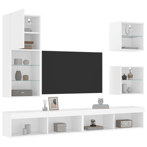 Tekninen puu, valkoinen 5-osainen LED TV-kaappisarja