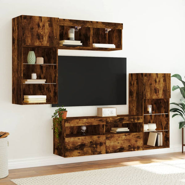 LED TV-kaappisarja 5-osainen savutammi teknisestä puusta