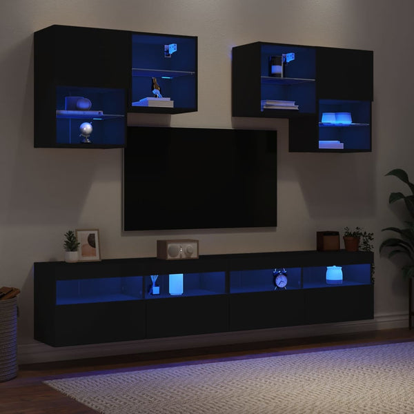 6-osainen TV-seinäkaappisarja LED-valoilla musta