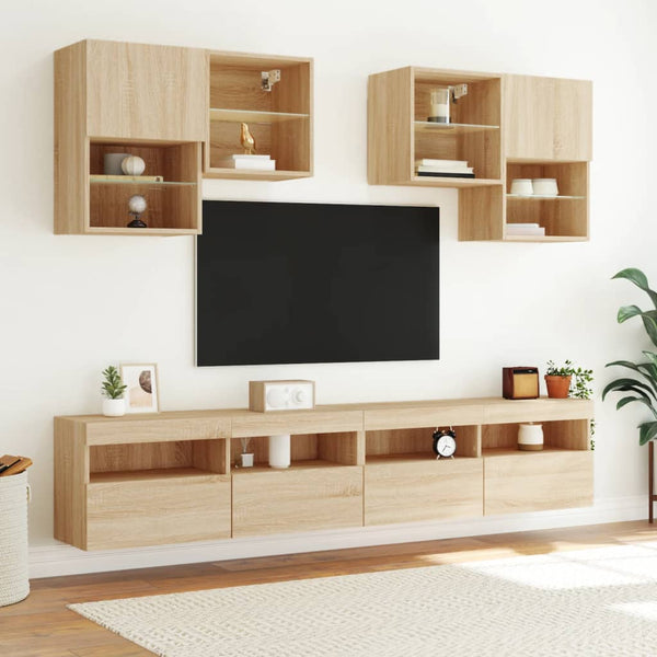 6-osainen TV-seinäkaappisarja LED-valoilla Sonoma-tammi