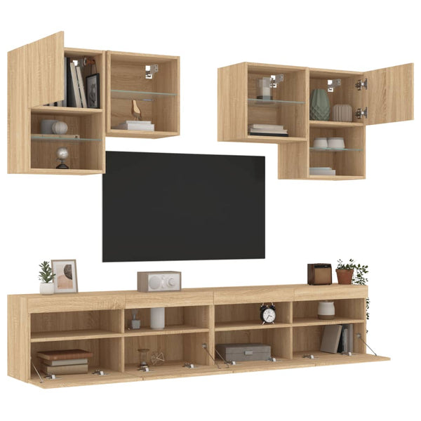 6-osainen TV-seinäkaappisarja LED-valoilla Sonoma-tammi