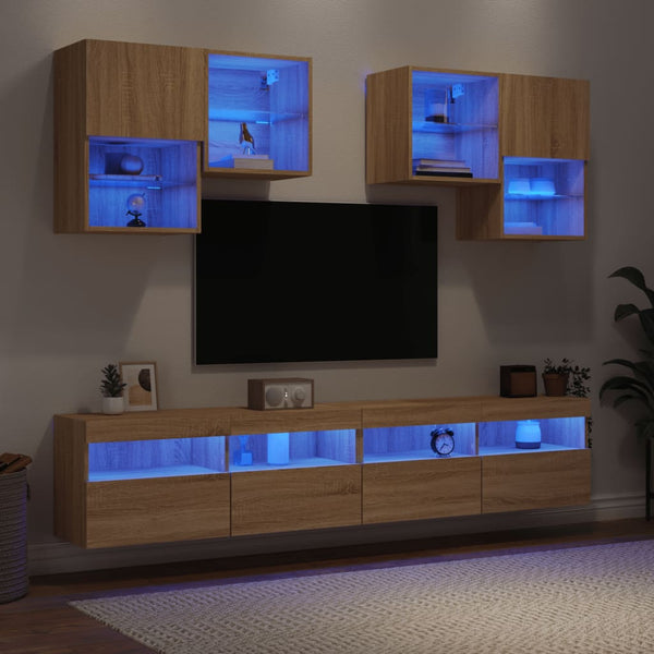 6-osainen TV-seinäkaappisarja LED-valoilla Sonoma-tammi