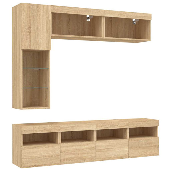 7-osainen TV-seinäkaappisarja LED-valoilla Sonoma-tammi
