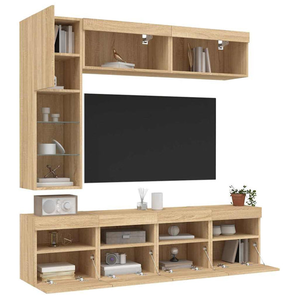 7-osainen TV-seinäkaappisarja LED-valoilla Sonoma-tammi
