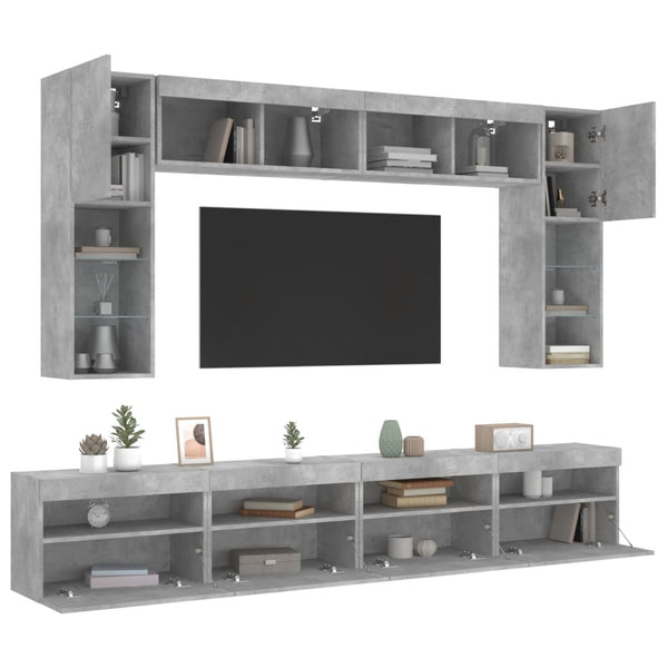 8-osainen TV-seinäkaappisarja LED-valoilla betoninharmaa