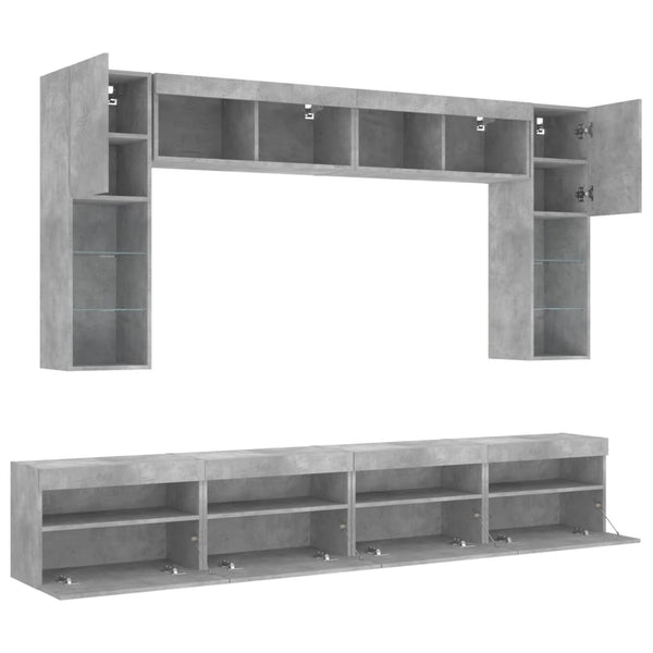 8-osainen TV-seinäkaappisarja LED-valoilla betoninharmaa