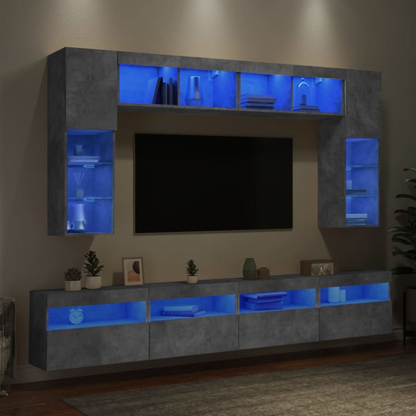 8-osainen TV-seinäkaappisarja LED-valoilla betoninharmaa