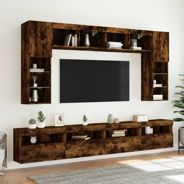 8-osainen TV-seinäkaappisarja LED-valoilla savutammi