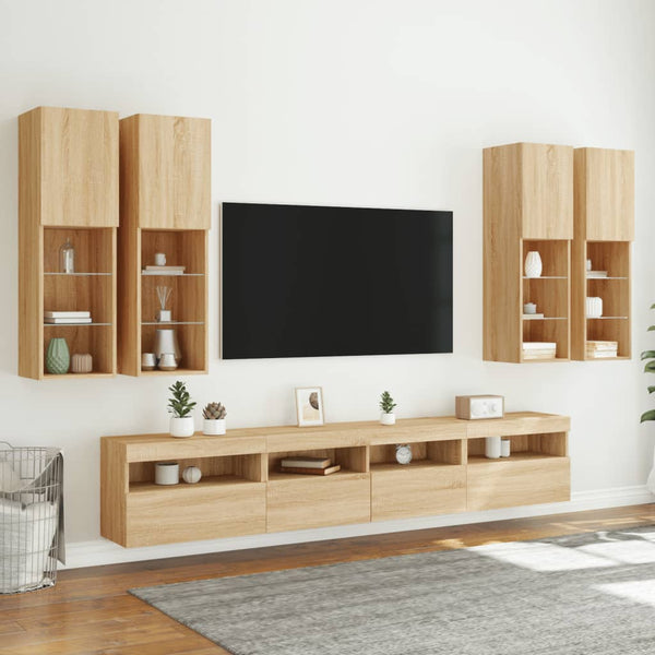 7-osainen TV-seinäkaappisarja LED-valoilla Sonoma-tammi