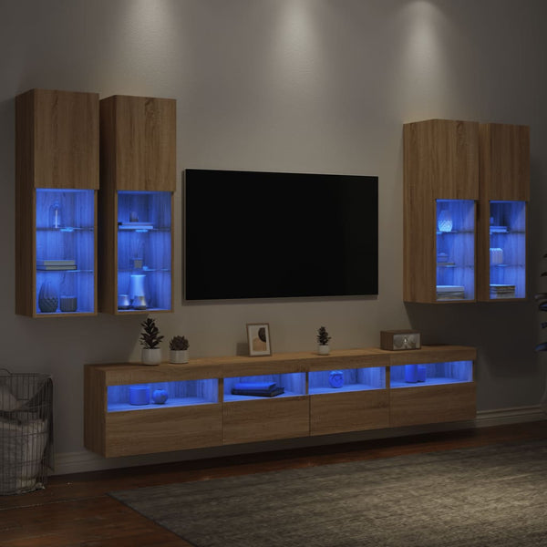 7-osainen TV-seinäkaappisarja LED-valoilla Sonoma-tammi