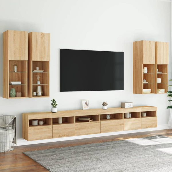 7-osainen TV-seinäkaappisarja LED-valoilla Sonoma-tammi