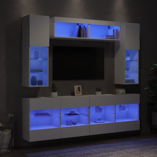 6-osainen TV-seinäkaappisarja LED-valoilla valkoinen