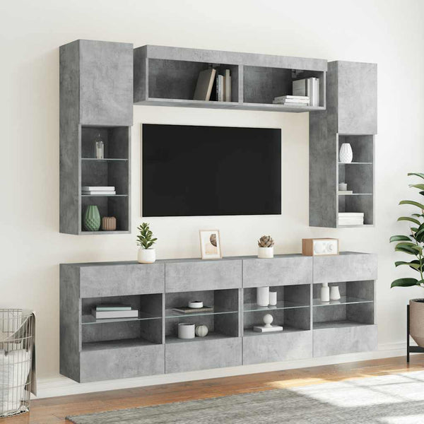 6-osainen TV-seinäkaappisarja LED-valoilla betoninharmaa