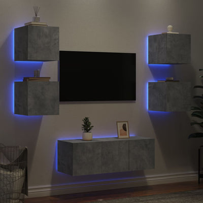 6-osainen LED TV-kaappisarja betoninharmaa tekninen puu