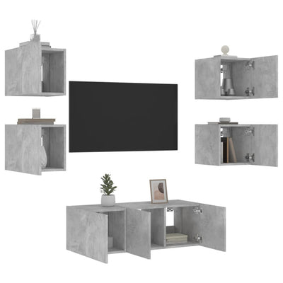 6-osainen LED TV-kaappisarja betoninharmaa tekninen puu