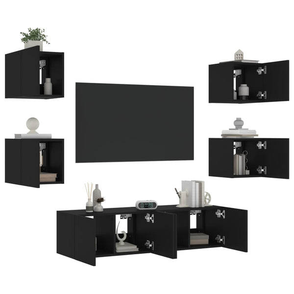 6-osainen LED TV-kaappisarja musta tekninen puu