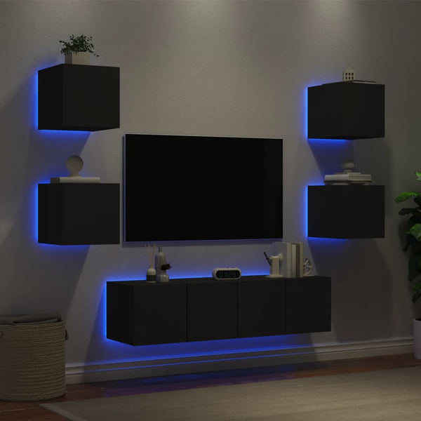 6-osainen LED TV-kaappisarja musta tekninen puu