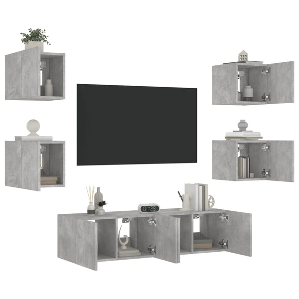 6-osainen LED TV-kaappisarja betoninharmaa tekninen puu