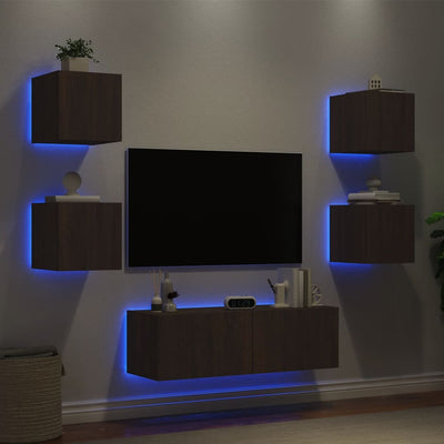 5-osainen TV-seinäkaappisarja LED-valoilla ruskea tammi