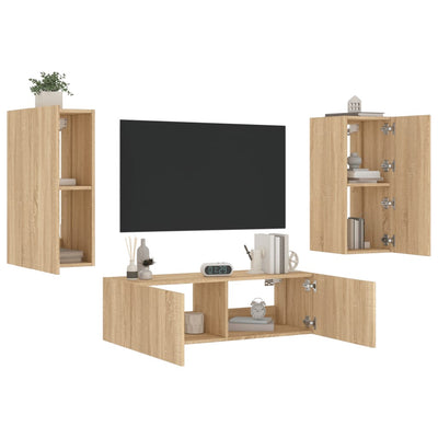 3-osainen TV-seinäkaappisarja LED-valoilla Sonoma-tammi