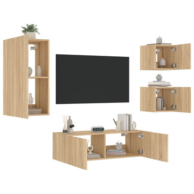4-osainen TV-seinäkaappisarja LED-valoilla Sonoma-tammi