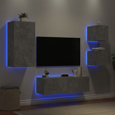 4-osainen TV-seinäkaappisarja LED-valoilla betoninharmaa