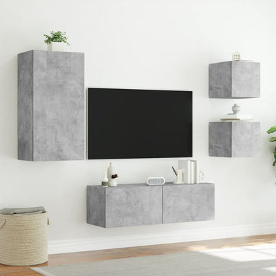 4-osainen TV-seinäkaappisarja LED-valoilla betoninharmaa