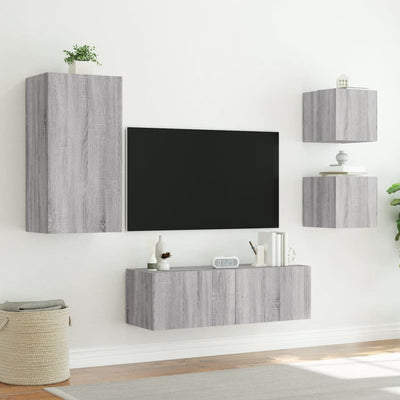4-osainen TV-seinäkaappisarja LED-valoilla harmaa Sonoma