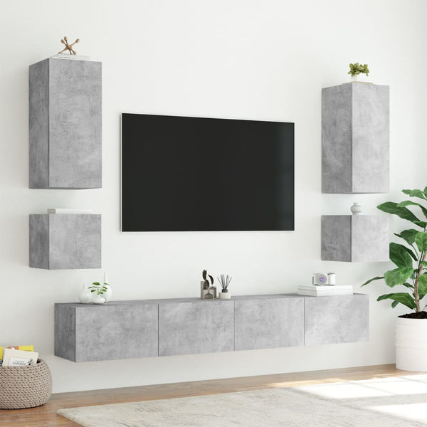 6-osainen TV-seinäkaappisarja LED-valoilla betoninharmaa