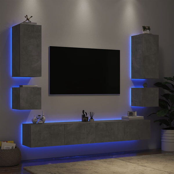 6-osainen TV-seinäkaappisarja LED-valoilla betoninharmaa