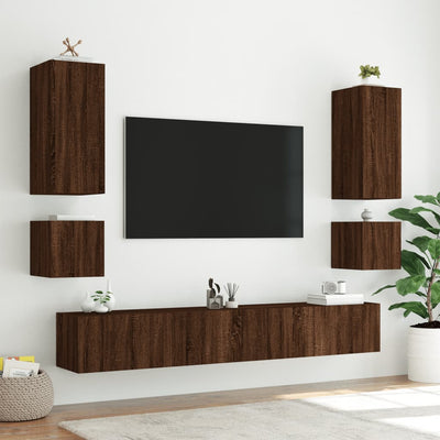 6-osainen TV-seinäkaappisarja LED-valoilla ruskea tammi
