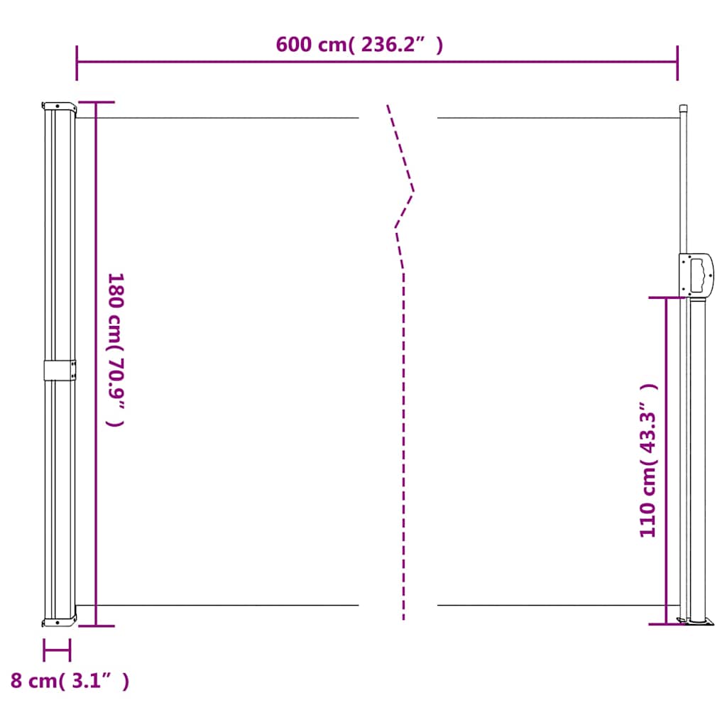 Antrasiitti sisäänvedettävä sivumarkiisi Paraschita 180x600cm