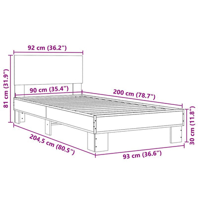 Sängynrunko harmaa Sonoma 90x200 cm tekninen puu ja metalli